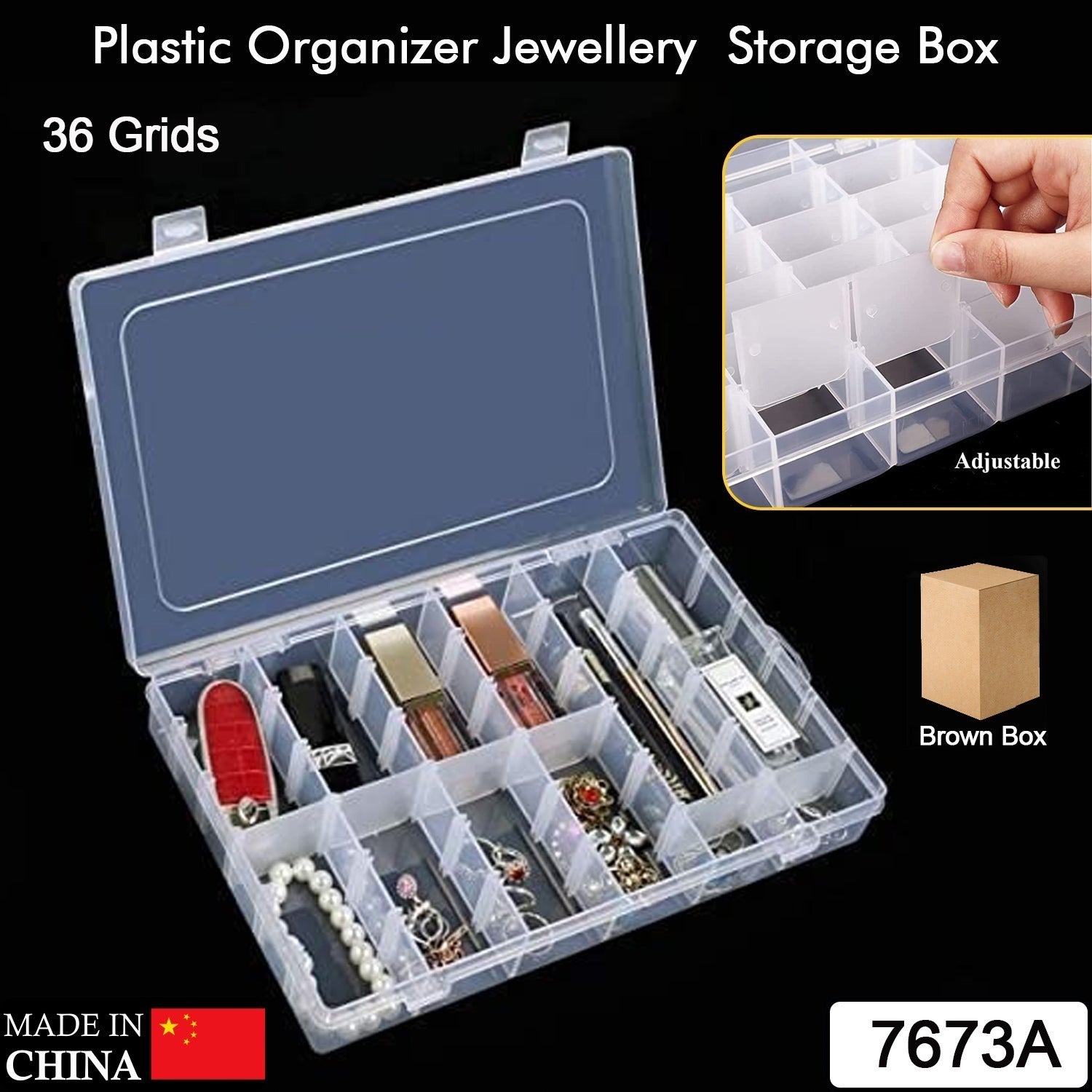 Jewelry storage box with adjustable dividers, transparent Jewelry storage box with adjustable dividers, transparent